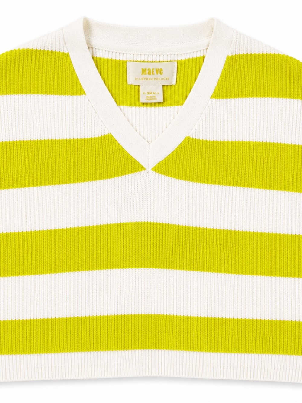 Maeve V-Neck Striped Sweater in White and Lime Anthropologie
